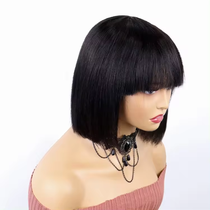 Black Straight Bob Wig with Bangs 100% Human Hair