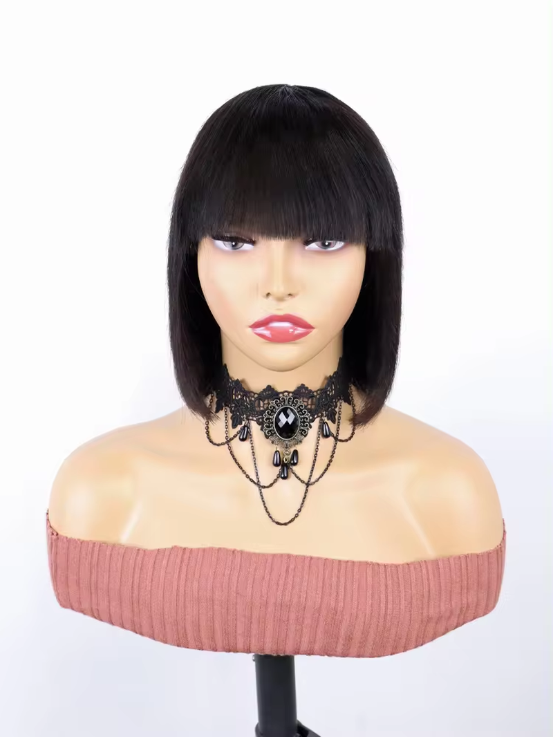 Black Straight Bob Wig with Bangs 100% Human Hair