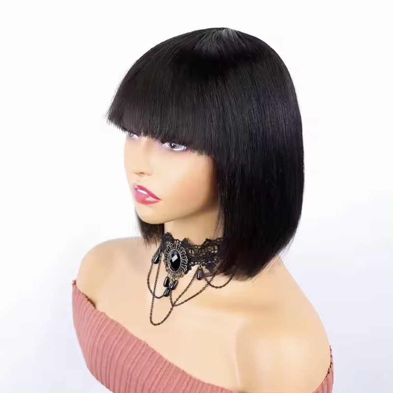 Black Straight Bob Wig with Bangs 100% Human Hair